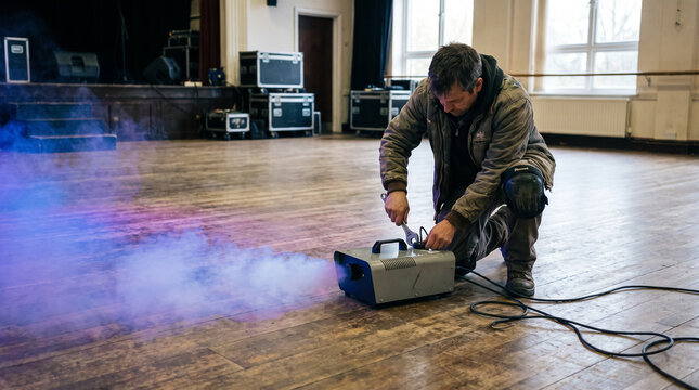 Stage technician repairing smoke machine emitting blue haze on wooden hall floor. Concept of fog machine, stage equipment, maintenance, backstage.