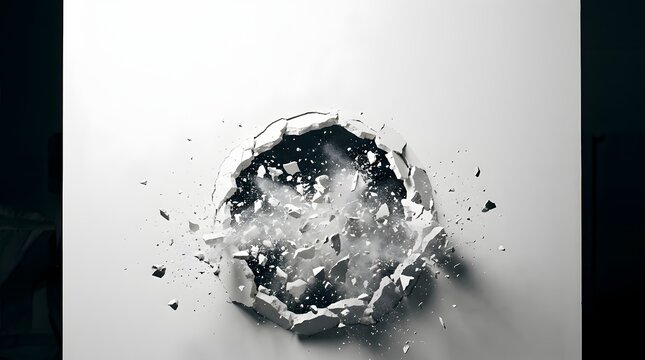White wall surface exploding into fragments with dark hollow center