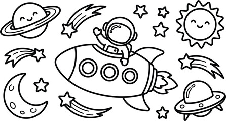 Cute Cartoon Astronaut Rocket and Outer Space Element Set for Kids Vector Designs © Ma
