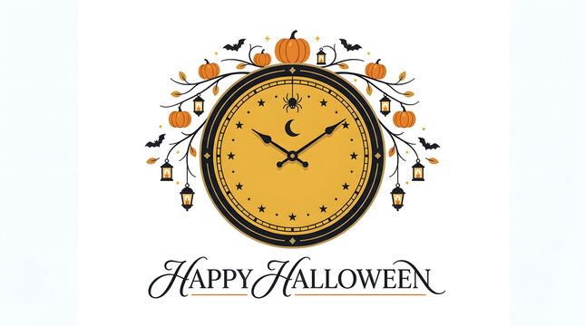 Vintage style clock decorated for halloween with hanging pumpkins lanterns and bats on white background