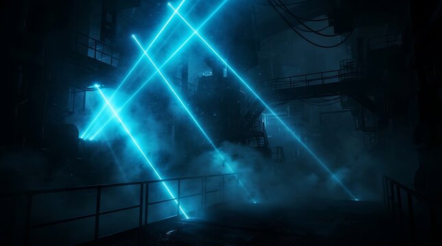 Bright blue laser beams shining in a dark smoky room