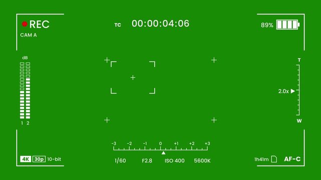 Camera viewfinder REC overlay on green screen, white recording HUD with timecode, battery, audio meters and focus frame