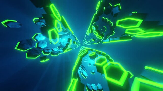 3D Animation of Abstract Sci-Fi Hexagonal Tunnel with Glowing Green Neon Grid in Seamless Loop