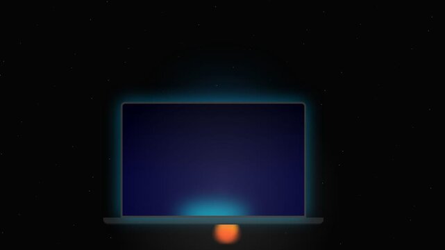 Glowing Laptop Screen in Dark Room with Floating Orange Raspberry Pi Logo and Digital Rain Effect.