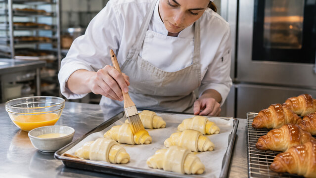 Professional Female Baker Brushing Egg Wash on Raw Croissants Before Baking in Commercial Kitchen. Concept of egg mixture, pastry chef.