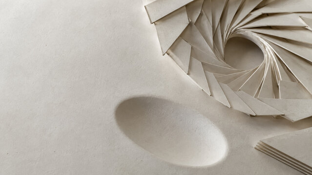Abstract geometric paper art with spiraling shapes and minimalist textured background. Concept of origami, paper sculpture, architecture model, modern design, white background, 3d relief. Copy space.
