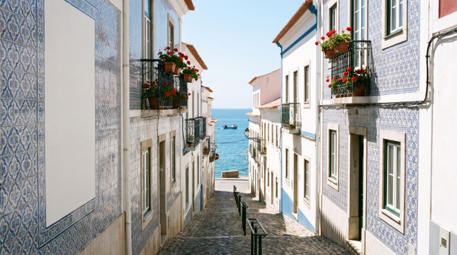 Portuguese Azulejo Tiled Lane Descending to the Sea