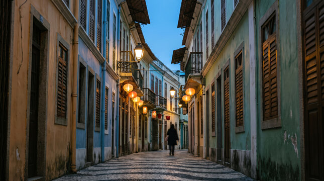 Figure Walking Down Narrow Lane with Warm Hanging Lamps