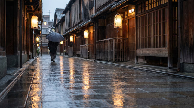 Lone Walker with Umbrella on Rainy Lantern-Lit Old Street