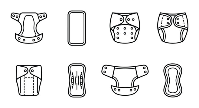 Modern Cloth Diaper Icons, Reusable Baby Care Accessories, Eco-Friendly Infant Hygiene Set
