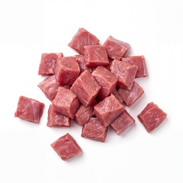 Raw rabbit meat cubes isolated on white background
