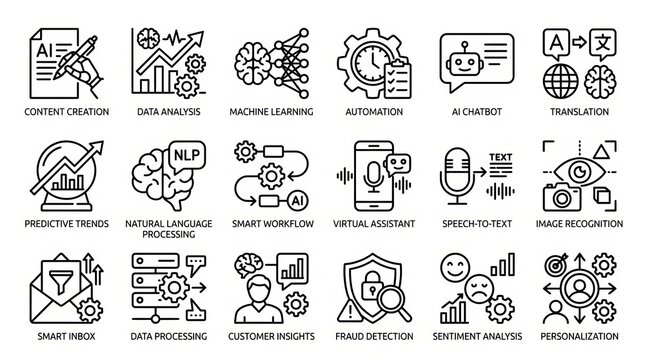 Modern Business and Technology Icons for Workflow and Innovation.