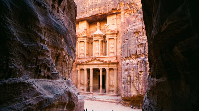 Rock-Cut Classical Facade Glimpsed Through Sandstone Gorge