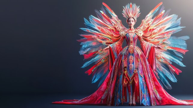 Woman wearing an elaborate colorful feathered costume with a large headpiece standing in a studio