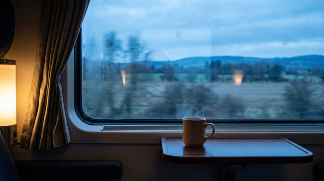 Train Window View at Dawn with Steaming Mug on Table