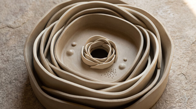 Contemporary ceramic sculpture with layered concentric curves pinholes and organic dimensional volumes. Concept of pottery art, handmade ceramics, clay vessel, beige ceramics, ceramic bowl.