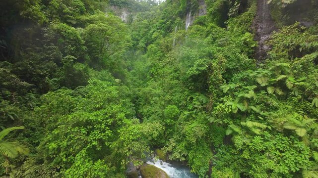 FPV drone flight over rushing turquoise river through misty tropical rainforest gorge in Costa Rica with mossy boulders lush ferns and tall waterfall hidden in dense green jungle canopy.