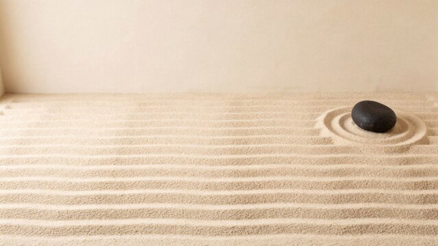 Raked sand garden with a single dark stone set in a swept circular hollow