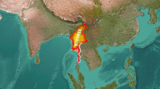 Animated map highlighting Myanmar with its national flag 