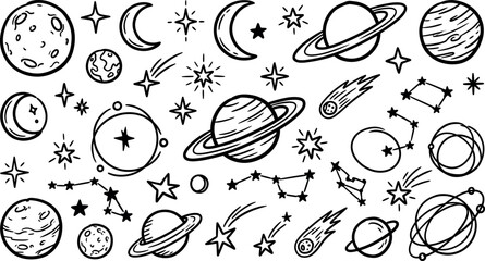 Vector collection of hand drawn astronomy doodles featuring detailed planets rings constellations comets and crescent moons in cartoon sketch style © MstAduri