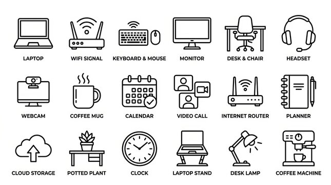 Collection of modern office and technology workspace icons.