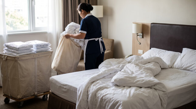 Hotel housekeeper changing dirty bed linen and bedding in guest room with laundry cart. Concept of hotel housekeeping, hotel staff, maid service.