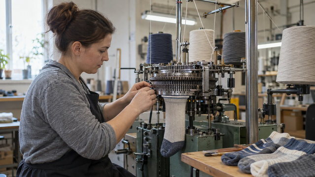 Female operator working with circular knitting machine manufacturing socks in textile factory. Concept of textile industry, female worker, craft.