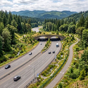 Wildlife overpass bridges a busy highway passing through a dense evergreen forest.