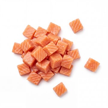  Raw salmon cubes isolated on white background
