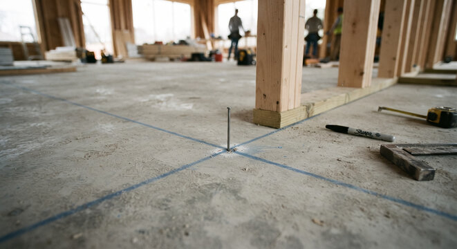 Nail marking layout intersection on concrete floor at building construction site. Concept of location marker, chalk line, framing layout, measurement, carpentry, foundation.