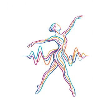 Female dancer performing mid-air arabesque pose in vibrant abstract vector style with gradient lines