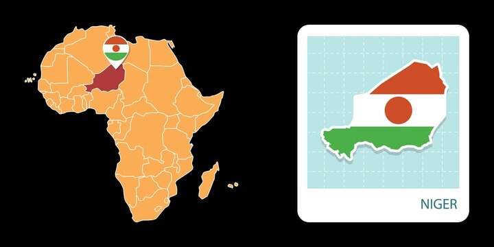 Stylized Niger map highlighting a selected territory with a locator pin and inset reference graphic for geographic context.
