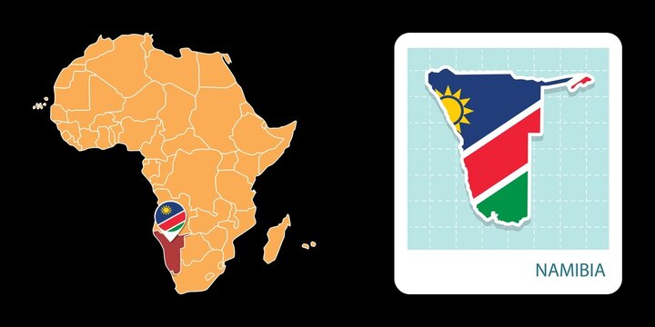 Stylized Namibia map highlighting a selected territory with a locator pin and inset reference graphic for geographic context.
