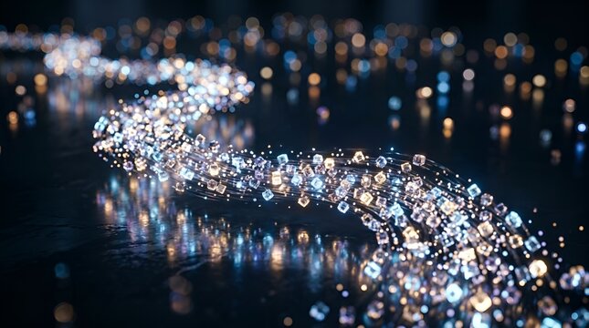 Abstract digital data stream of glowing particles, futuristic fiber optic light trail, high-tech network connection background for cyber security