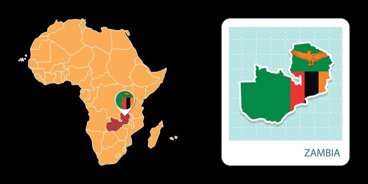 Stylized Zambia map highlighting a selected territory with a locator pin and inset reference graphic for geographic context.