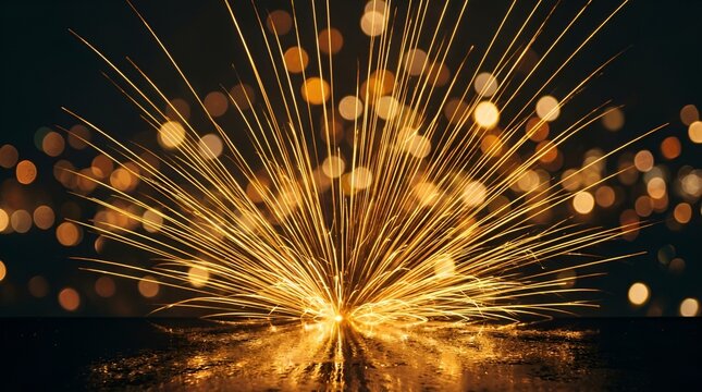 Golden light burst with glowing sparks, festive holiday background with bokeh circles, elegant shimmering starburst effect for celebration