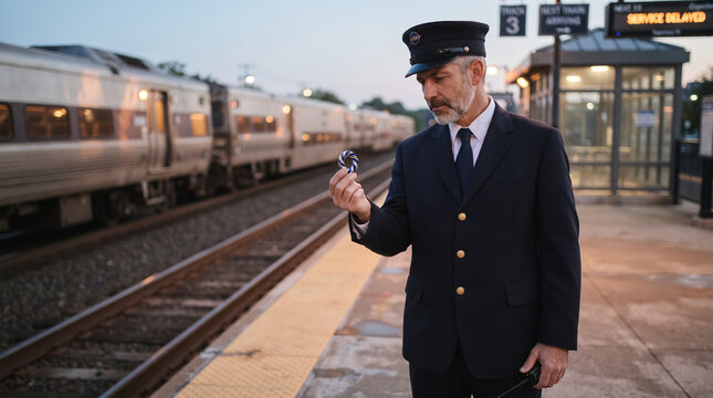 Train conductor standing on platform holding optical illusion twisted ring artifact at railway station. Concept of passenger train.