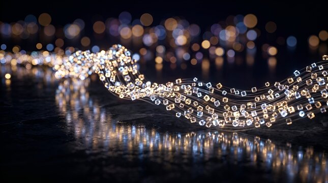 Luminous fiber optic cables with glowing data particles, abstract digital network stream, high-tech communication background with golden bokeh