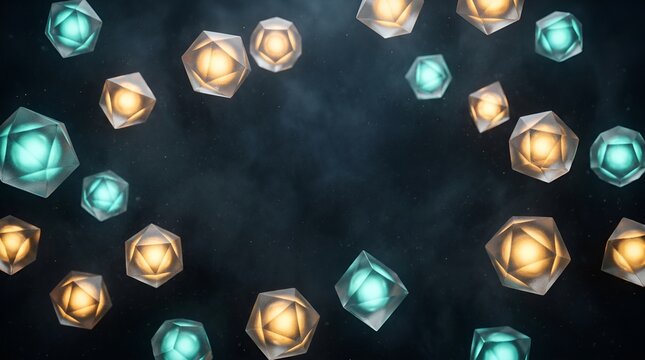 Futuristic glowing geometric orbs, floating 3D polyhedral light spheres in dark space, abstract sci-fi background with teal and orange neon energy
