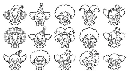 Fototapeta premium Cute Cartoon Clown Face Character Set with Funny Hairstyles, Party Hats, Smiling Expressions, and Circus Entertainer Illustrations for Children's Designs