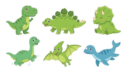 Cute Cartoon Dinosaur Character Collection with T Rex, Triceratops, Stegosaurus, Pterodactyl and Aquatic Dinosaur Vector Illustration © Aysharya