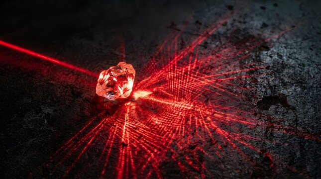 Red laser beam hitting raw crystal stone, glowing ruby mineral on dark textured ground, futuristic light refraction and scattering effect