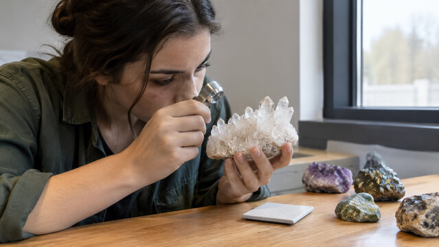Female geology student examining quartz crystal cluster with magnifying loupe in classroom. Concept of geologist, mineralogy, magnifying glass, mineral specimens.