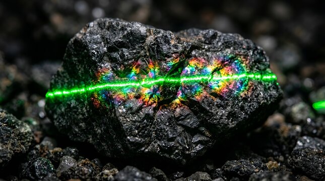 Iridescent raw ore with green laser scan line, mineral analysis in dark laboratory, futuristic mining technology and geological research