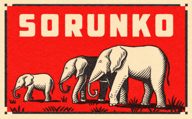 Vintage Matchbox Label, Elephant Family Red Retro Print Texture © supervector
