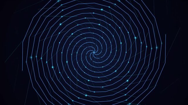 Abstract glowing blue spiral pattern with connected geometric lines and light nodes for digital technology background