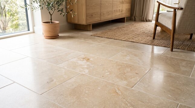 Cream limestone tiles floor. Mineral texture interior design