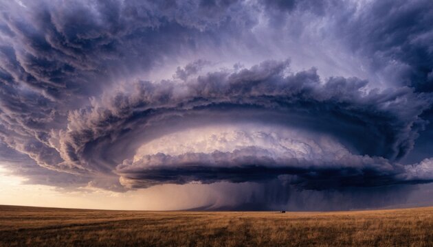 A dramatic supercell thunderstorm with a rotating wall cloud over a dry field