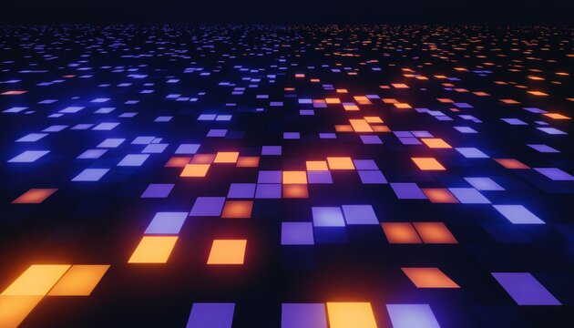 A grid of glowing square lights in purple and orange hues