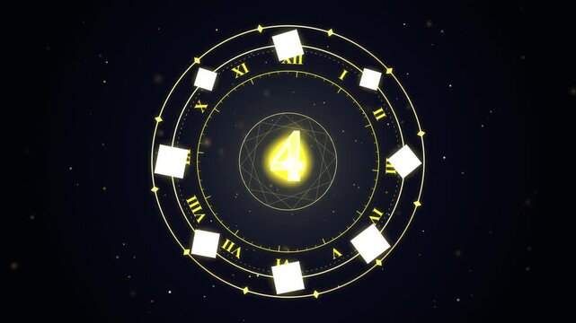 Glowing abstract clock face with number four surrounded by roman numerals and geometric patterns